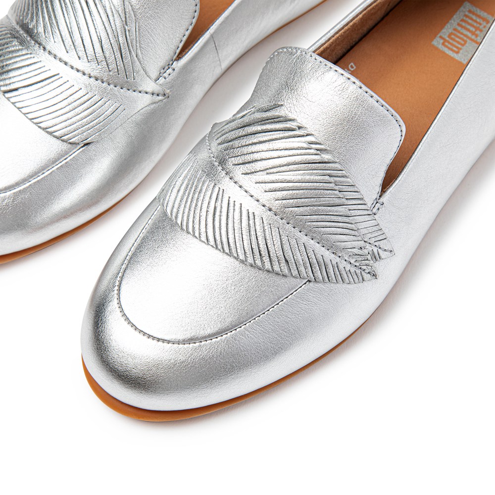 Fitflop Womens Loafers - Lena Feather Metallic Leather - Silver - 413-NAUEVL